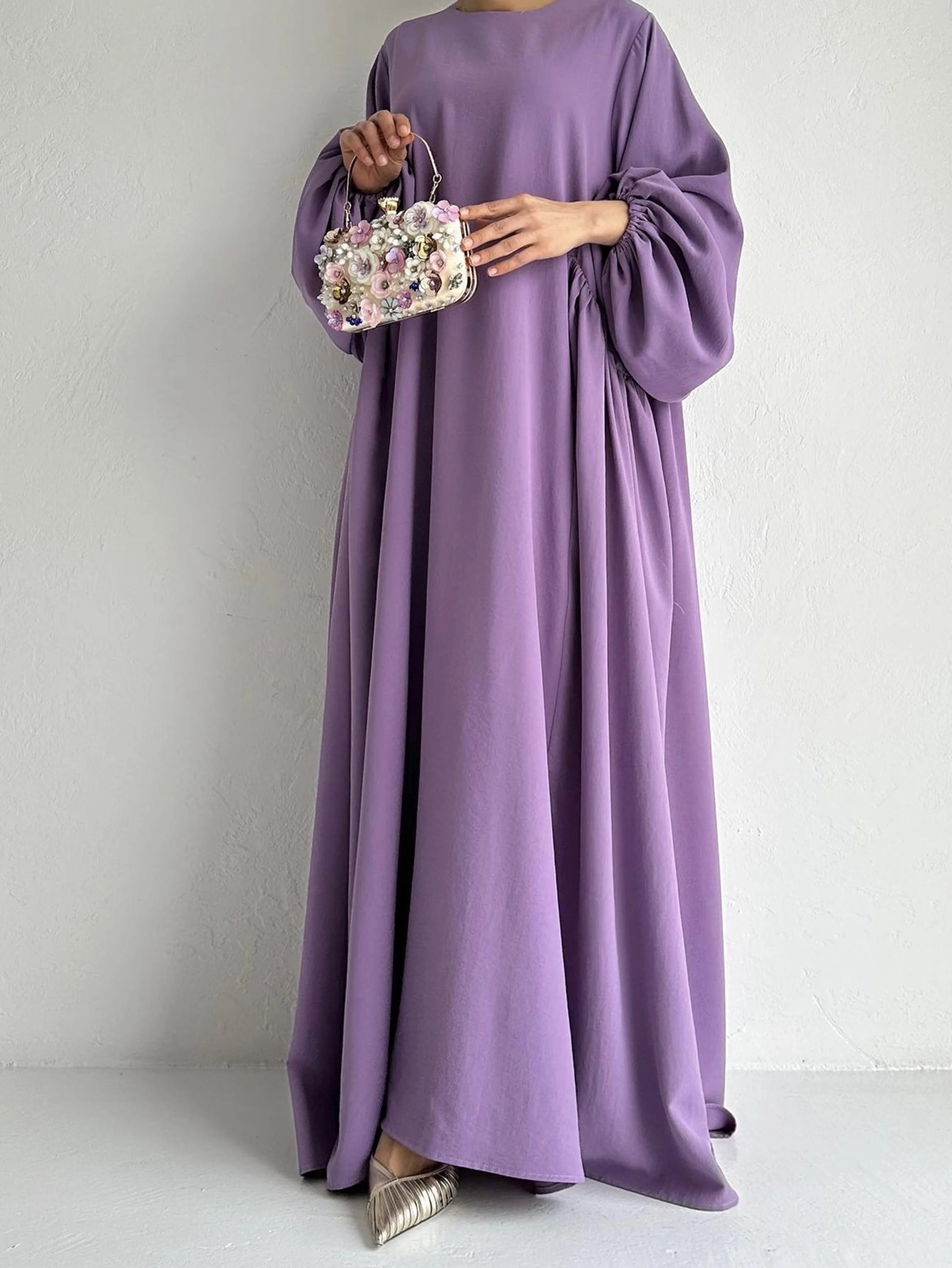 Abaya Ramadan Solid Bishop Sleeve Kebaya Kaftan, Elegant Crew Neck Maxi Length Dress,  Islam Abayas For Women.