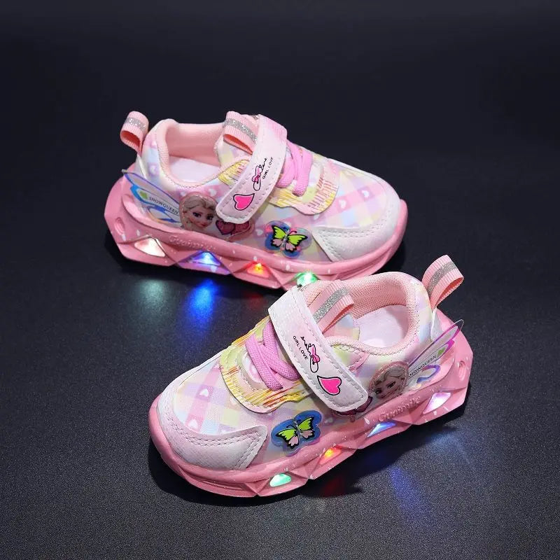 Disney LED Casual Sneakers For Spring Girls Frozen Elsa Princess Print Pu Leather Shoes Children Lighted Non-slip Pink Purple.