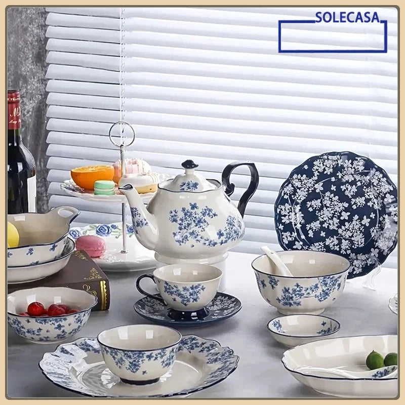 SOLECASA English Retro Ceramic Tableware Blue Flowers Pattern Household Salad Bowls Steak Plate Fruit Dessert Plates Dinnerware.