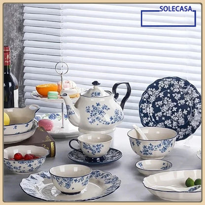 SOLECASA English Retro Ceramic Tableware Blue Flowers Pattern Household Salad Bowls Steak Plate Fruit Dessert Plates Dinnerware.
