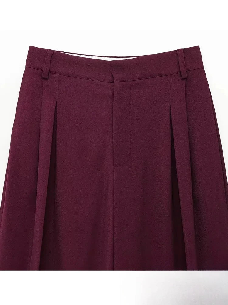 KONDALA Vintage Chic Office Lady Red Solid Women Suit Notched Single Button Pockets Blazer Straight Loose Pants Fashion 2025 Set.