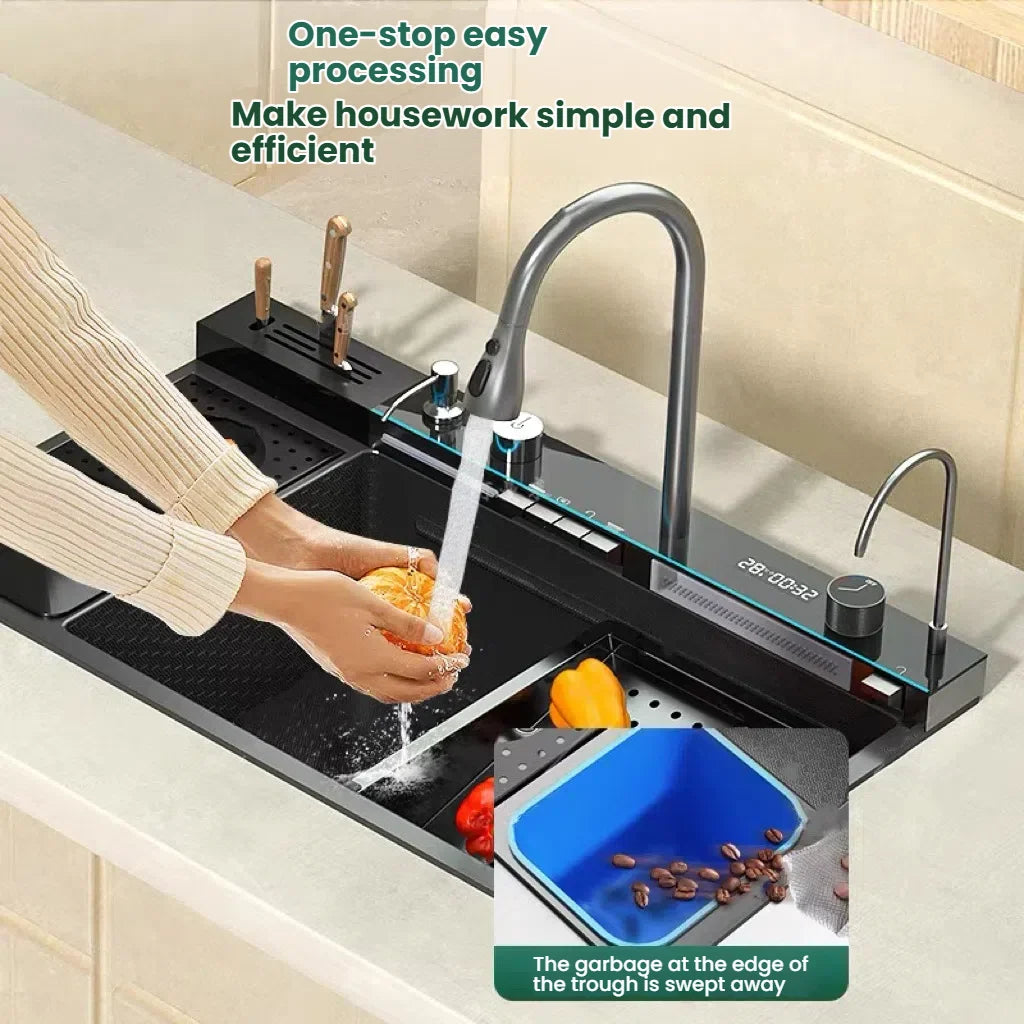 Large Single Slot Waterfall Stainless Steel Kitchen Sink With a Knife Holder and Trash Can Household Vegetable Washer Basin