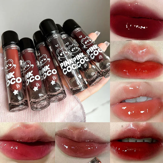 PINKCOCO Bear Doodle Mirror Lip Glaze — Long-Lasting Shiny Lip Gloss, Student-Friendly, Skin-Brightening Nude Lipstick.