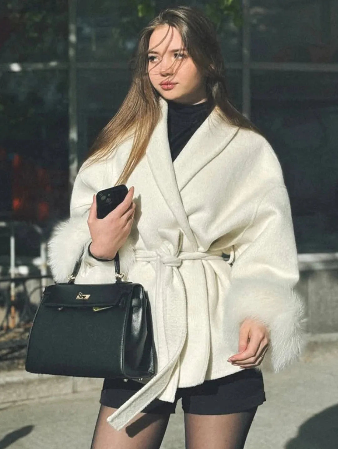 2025 Chic Lapel Plush Coat With Belt Women Vintage Faux Fur Sleeve Tweed Open Coats Female Autumn Winter Casual Street Outwear.