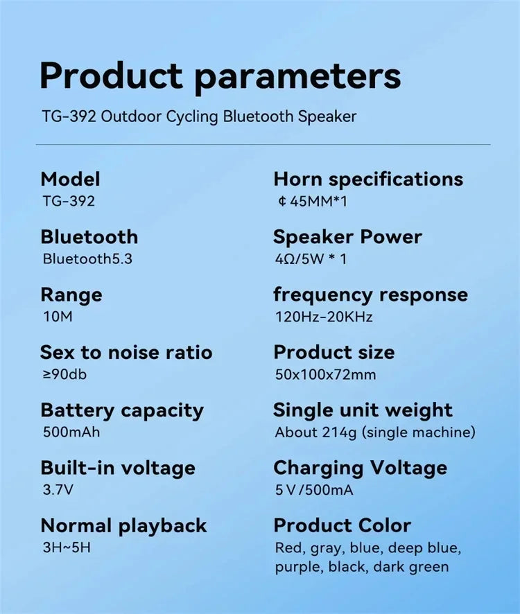 Outdoor Bicycle TG392 Portable Bluetooth Speaker TWS Wireless Mini Bass FM Radio Soundbar Boombox Riding Music Play Loudspeaker.