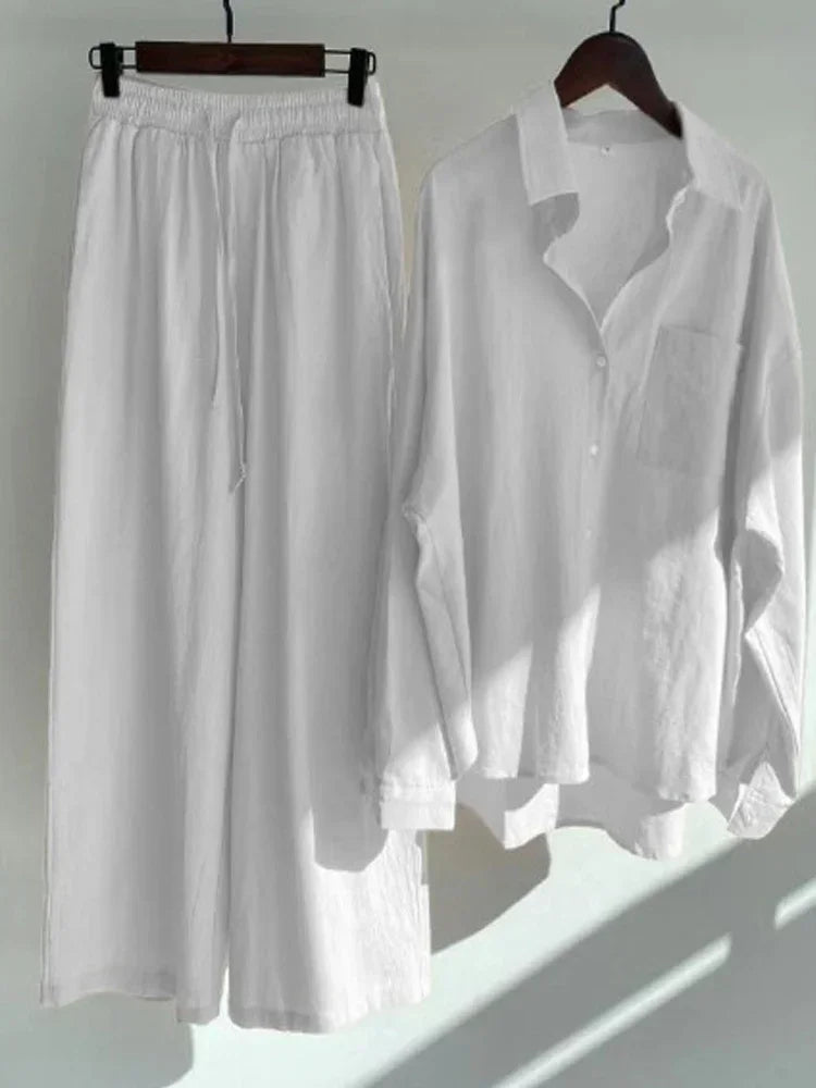 Pants Set Women Shirts Wide Leg Elastic Waist Cotton Linen Casual Sets Elegant Loose Long Sleeve Lapel Spring Shirt Y2k Suit
