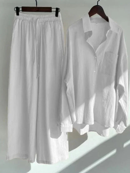 Pants Set Women Shirts Wide Leg Elastic Waist Cotton Linen Casual Sets Elegant Loose Long Sleeve Lapel Spring Shirt Y2k Suit
