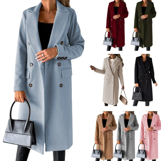 Damen-Mantel aus Wollmischung, langärmelig, zweireihig, Jacken, Mantel mit Tasche, warmer Winter-Trenchcoat, Oberbekleidung