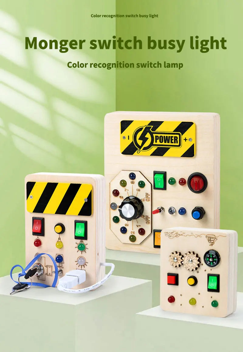 Montessori Busy Board Sensory Toys Wooden With LED Light Switch Control Board Travel Activities Children Games For 2-4 Years Old
