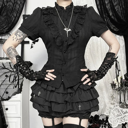 Sweet Lolita Cotton Shirts Women Vintage Gothic Black White Jacquard Short Sleeve Blouses Elegant Office Lady Y2k Tops.