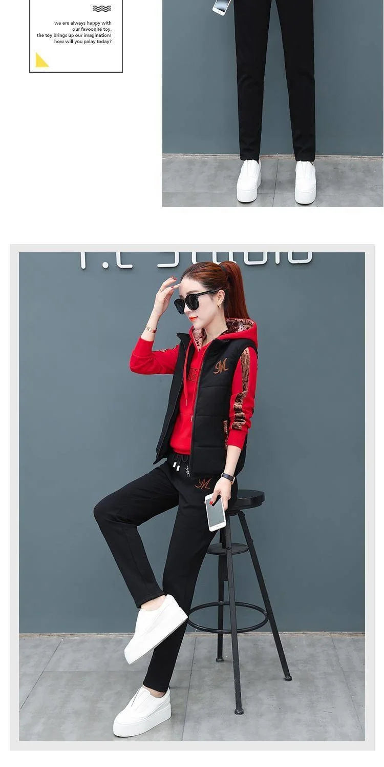 Women's Fashion Plush Thickened Sweat Suit 2025 Autumn Winter New Casual Hooded Tops Waistcoat Pants 3 Three Piece Set For Women.