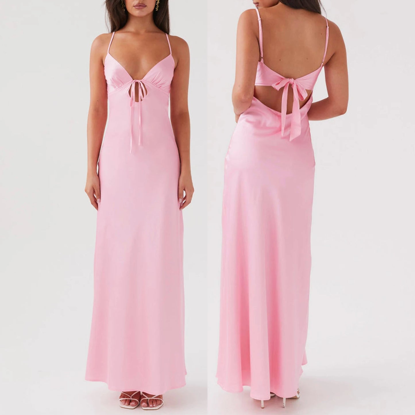 Combhasaki Damen-Kleid, elegant, einfarbig, verstellbar, dünn, Schultergurte, Ausschnitt, zum Binden vorne, rückenfrei, Sommer, langes Cami, seidiges Kleid