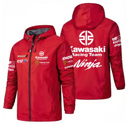 Racing team jacket with Kawasaki logo, men's waterproof and windproof sportswear, 2025 new outdoor sports fashionable fan jacket.