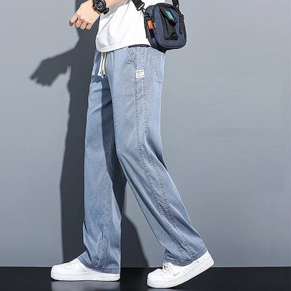 2024 Spring/Summer New Soft Lyocell Fabric Men's Jeans Thin Loose Straight Leg PantsDrawstring Elastic Waist Korean casual pants.