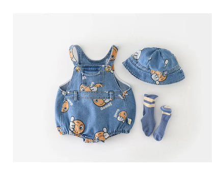 2 Stück Sommer Kinder Baby Denim Bodysuit und Mützen Anzüge einteilige Unisex Kleinkind Jungen Mädchen weiche Jeans Kleidung Jeans Sprung anzüge