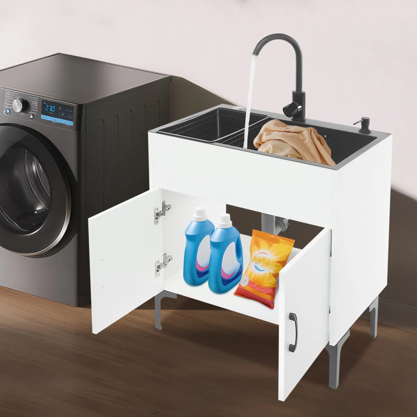 Schwarz/weißes unabhängiges Waschbecken mit Schrank, Küchenspüle aus Edelstahl mit 360° °   Drehbarer Wasserhahn für Badezimmer, Waschbecken