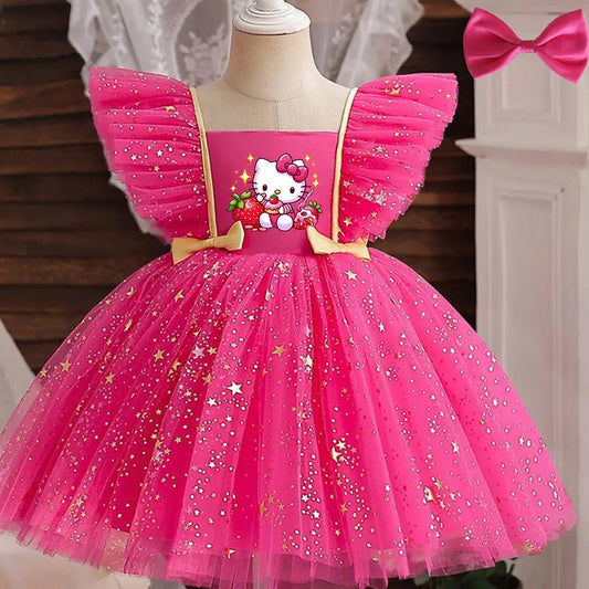 Hello Kitty Prinzessinnenkleid für Mädchen, Pailletten, Stern, Rüschen, Schleife, Tutu-Kleid, Baby, formelles Gala-Abschlussballkleid, Kinder-Abendparty-Kostüm