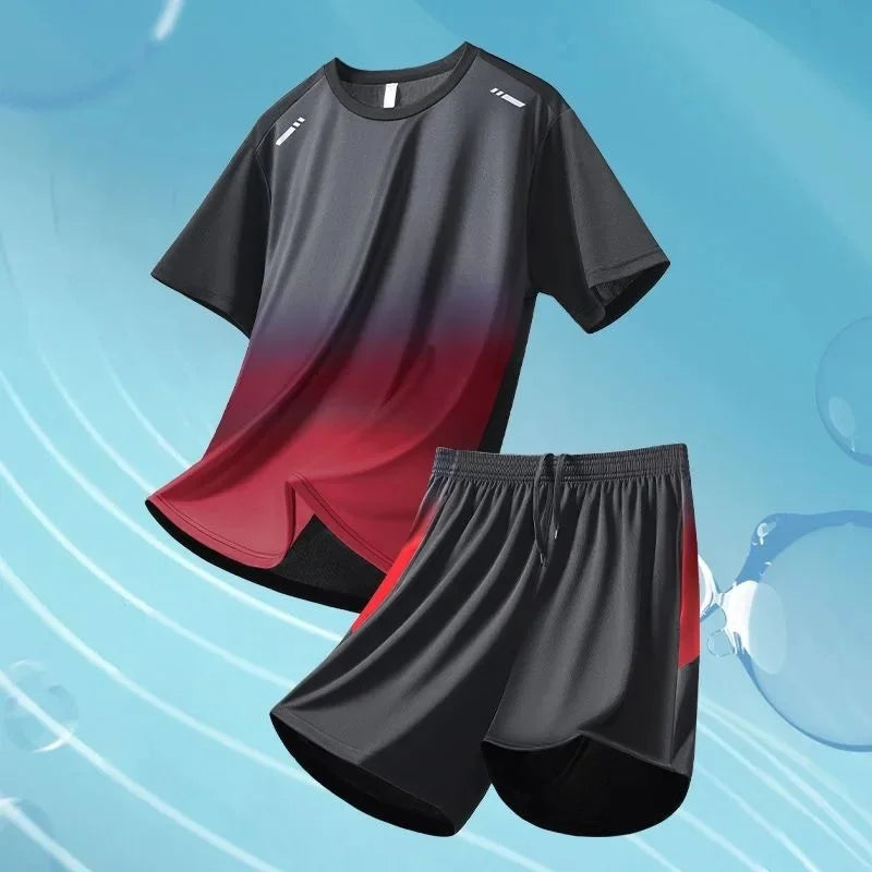 Men's Fitness Ice Silk Sports Suit Short Sleeve Training Room Basketball Morning Run Summer Outfit Shorts And T-shirt Set