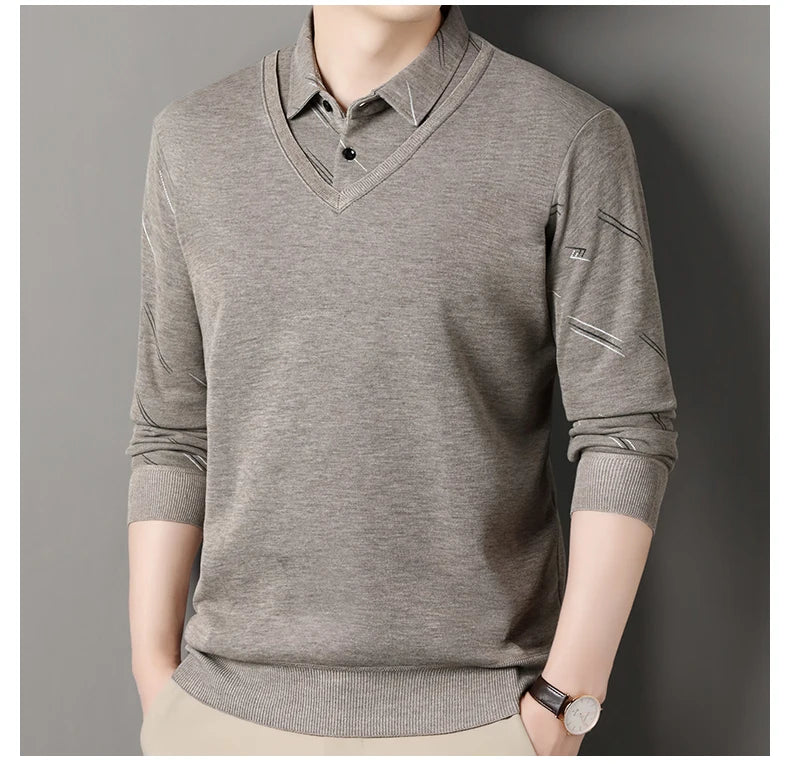 Men's Fleece Lining Sweater Autumn Winter Pullover Polo Shirt Collar Fake Two Piece Thick Warm Top Clothes Casual Knitwear.