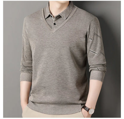 Men's Fleece Lining Sweater Autumn Winter Pullover Polo Shirt Collar Fake Two Piece Thick Warm Top Clothes Casual Knitwear.