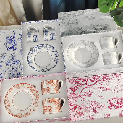 Red, Blue, Gray Tiger Series  Animal Images Bone Porcelain Coffee Cup Plate European Afternoon Tea Cup and Saucer Set Gift Box.