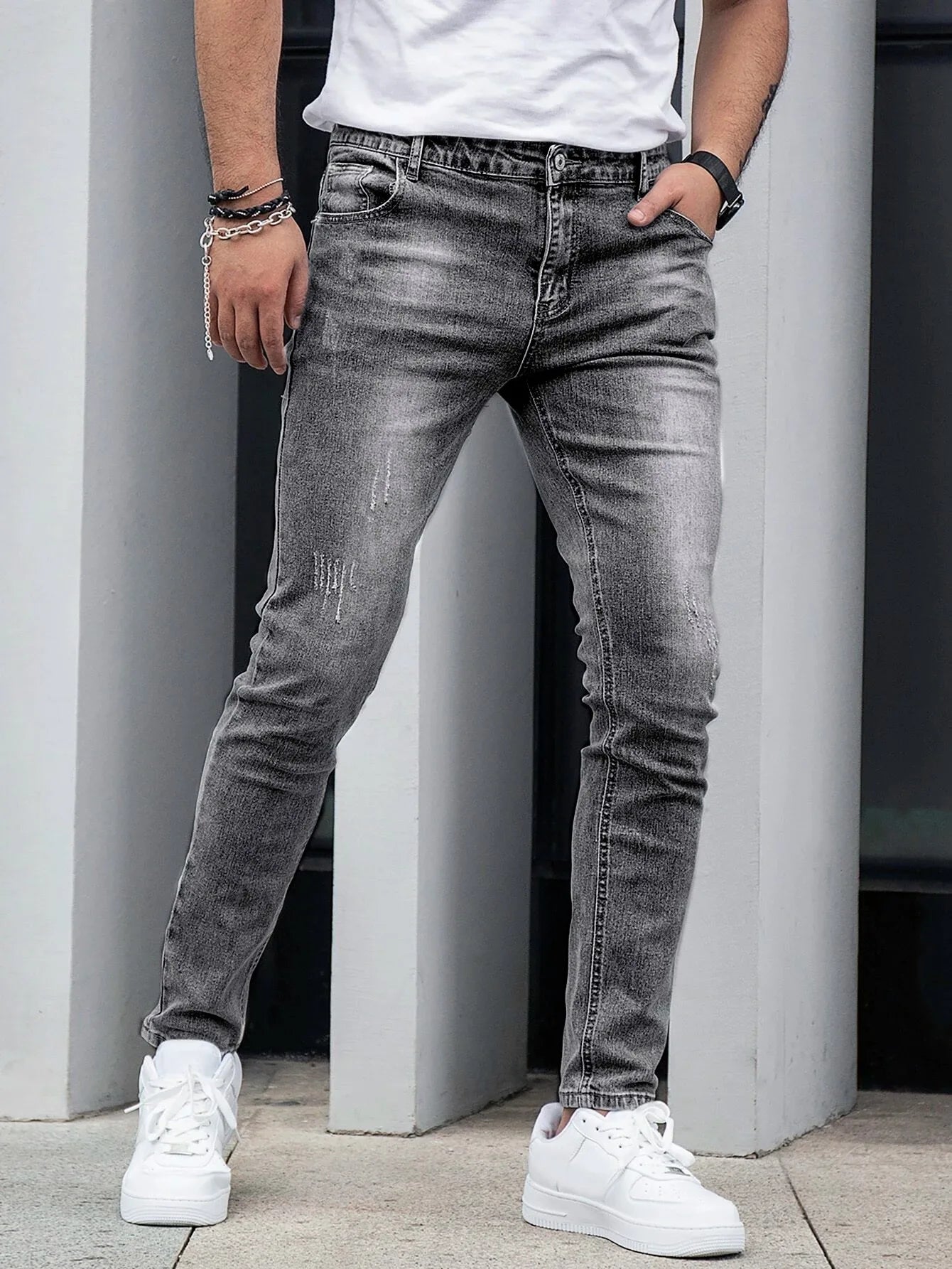 1 Piece of Men's Four-Season Snowflake Washed Fashion Jeans, Stretch Slim Fit Light Gray Dark Black Casual Denim Pants, Normcore and Fashionable, Suitable for Everyday Wear.