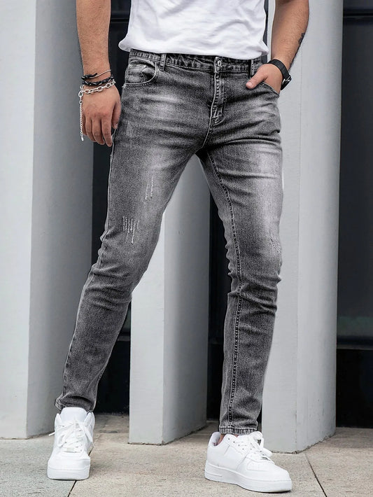 1 Piece of Men's Four-Season Snowflake Washed Fashion Jeans, Stretch Slim Fit Light Gray Dark Black Casual Denim Pants, Normcore and Fashionable, Suitable for Everyday Wear.