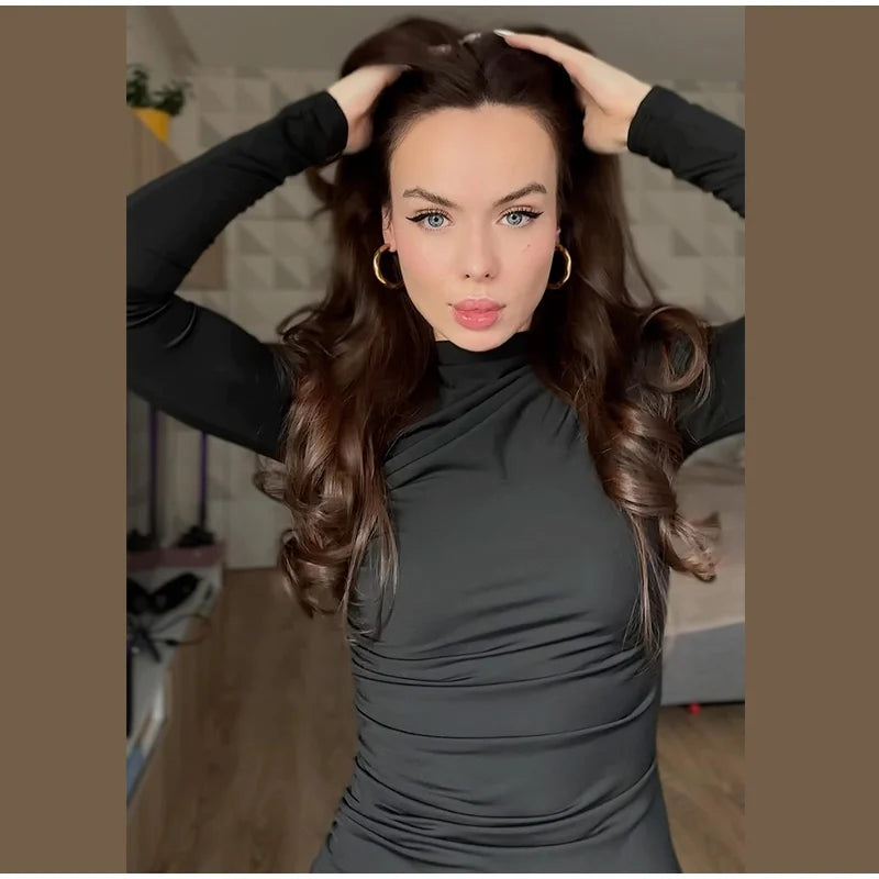 Women Tees Sexy Turtleneck Long Sleeve Pleated All-match Basic Lady T-shirts 2025 Spring Autumn Fashion Chic Female Streetwears