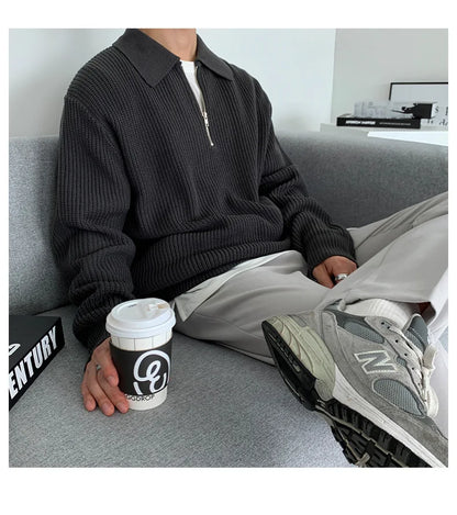 Half Zipper Sweater Men's Autumn and Winter Japanese Retro Korean Lapel Sweater Loose Casual Thread Trend