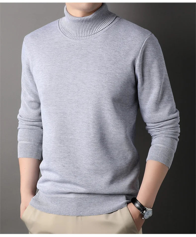 Men's Autumn Winter New Turtleneck Sweater Warm Cozy Solid Color Casual Bottom Knitted Pullovers Male Fashion Knitwear.