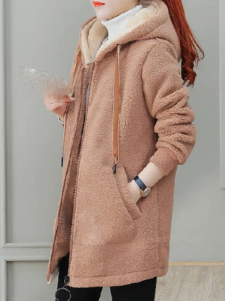 Damen verdickte Fleece-gefütterte mittellange Kapuzenjacke Winter neuer Reißverschluss-Cardigan-Mantel Lässige koreanische Lammwolljacke weiblich.