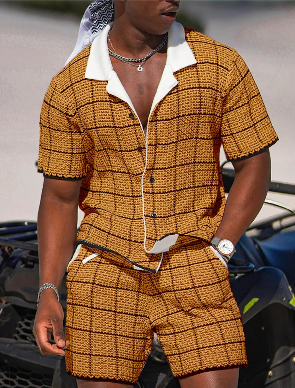 Men's Plaid Geometric Pattern Two-piece Shirt Hawaiian Short Sleeve Shirt Shorts Fashion Street Design Outdoor Nightclub Print.