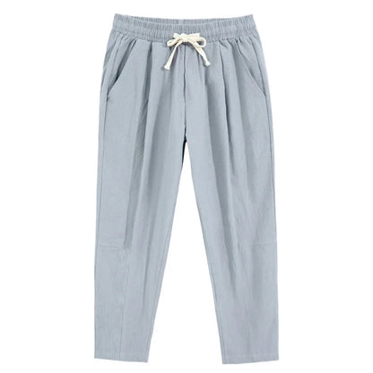 Mens Lightweight Cotton Pants Casual Solid Color Sweatpants Straight Drawstring Baggy Streetwear Breathable Ninth Pants.