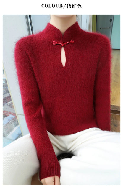 2024 autumn winter new 100% mink cashmere sweater women's pullover slim-fit long sleeve solid color stand collar bottom knitwear