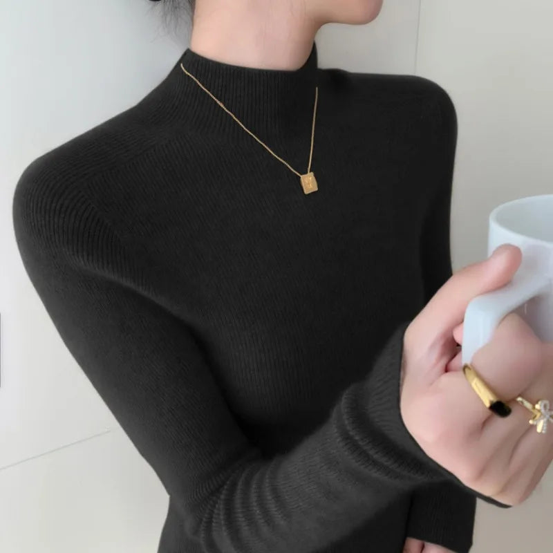 Women Fashion Tops Autumn Winter 2025 Turtleneck Sweater Women Knitted Pullovers Korean Style Simple Base Layer Knitted Sweater.