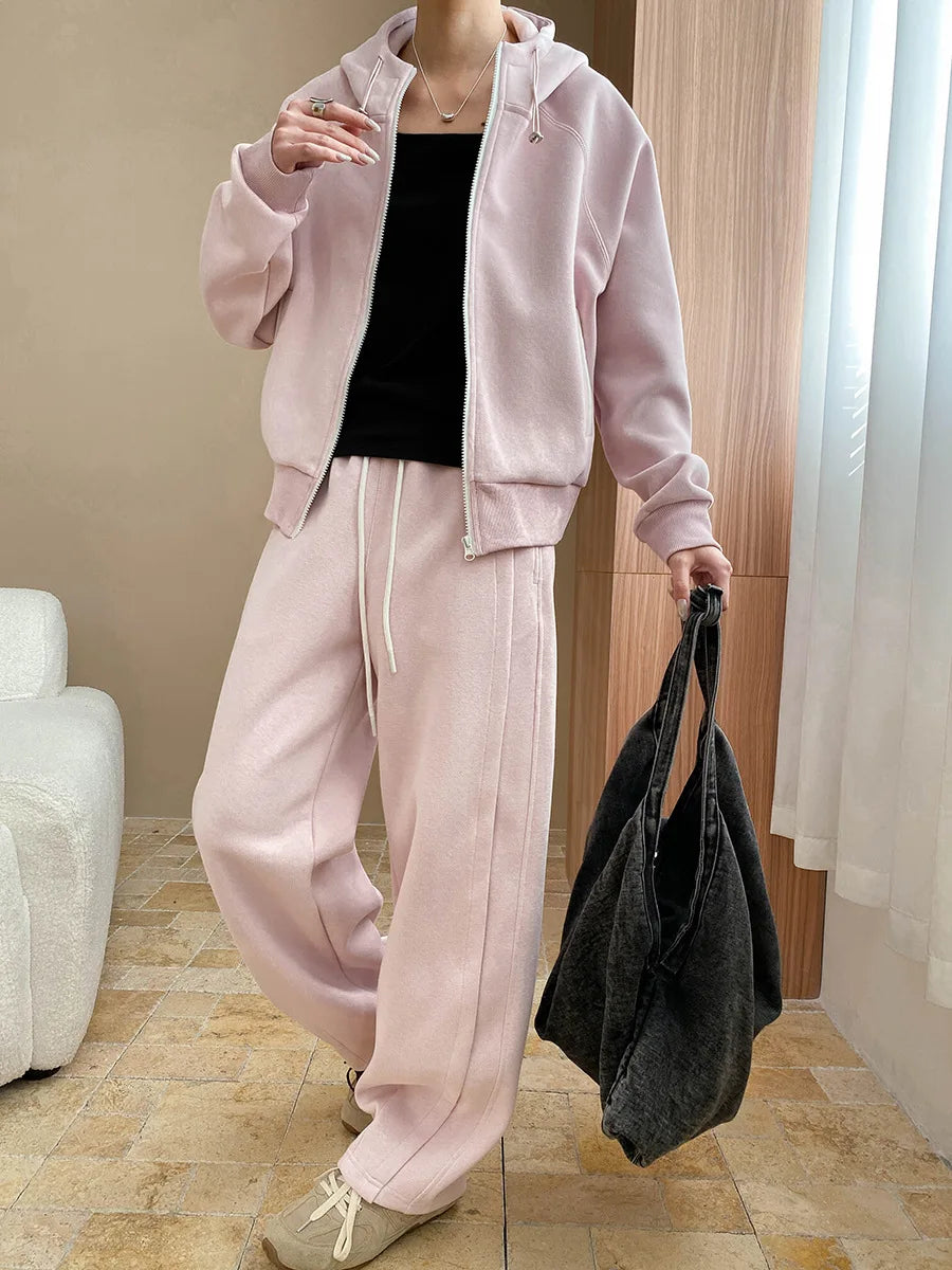 Spring and Autumn Women's Casual Solid Color Loose Hooded Sweatshirt+High Waist Loose Pants Set.