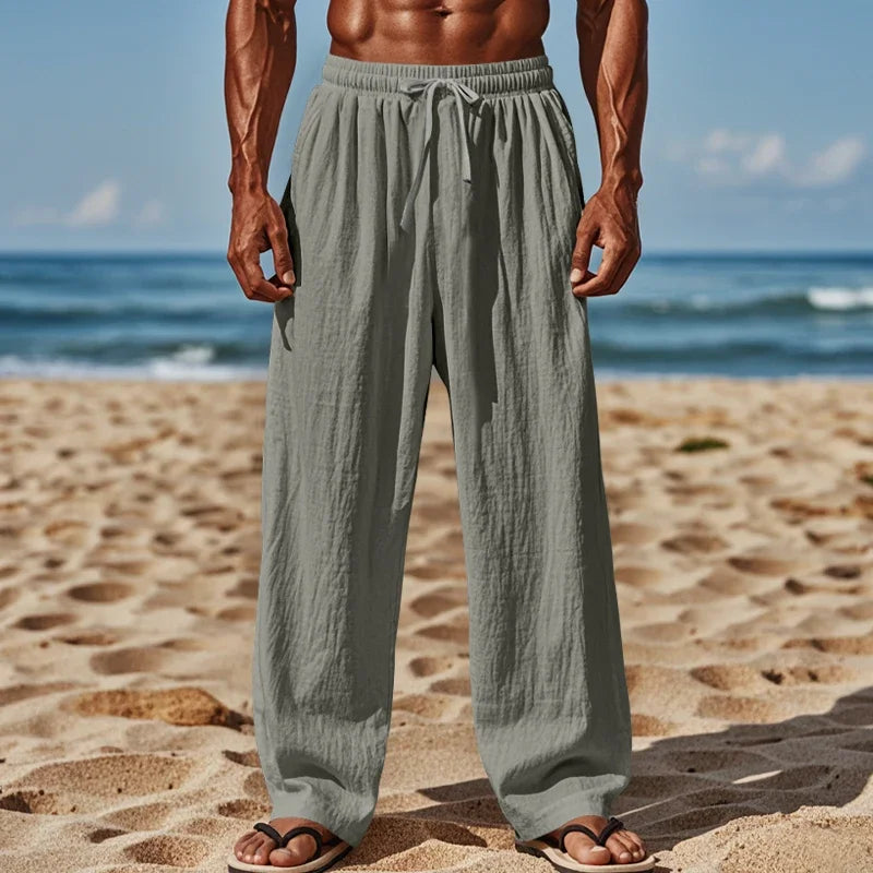 Men's Linen Casual Pants Elastic Waist Beach Pants Lightweight Drawstring Summer Yoga Pants Solid Color Beach Pants.
