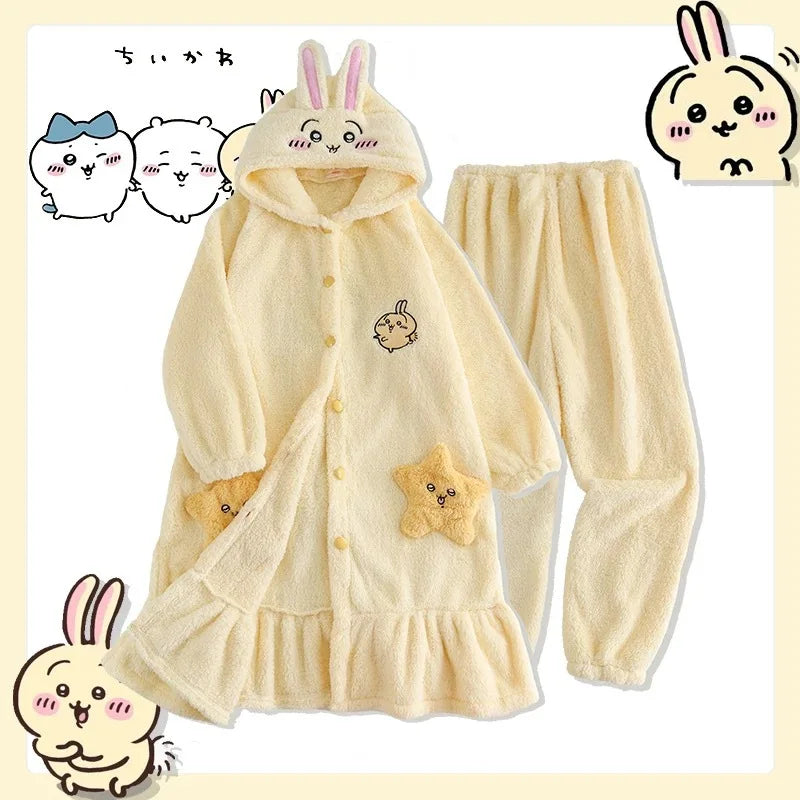 Kawaii Chiikawas Pajamas Coral Velvet Home Wear Long Length Nightgown Thick Cardigan Pant Cartoon Cute Girl Casual Home Clothing