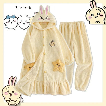 Kawaii Chiikawas Pajamas Coral Velvet Home Wear Long Length Nightgown Thick Cardigan Pant Cartoon Cute Girl Casual Home Clothing