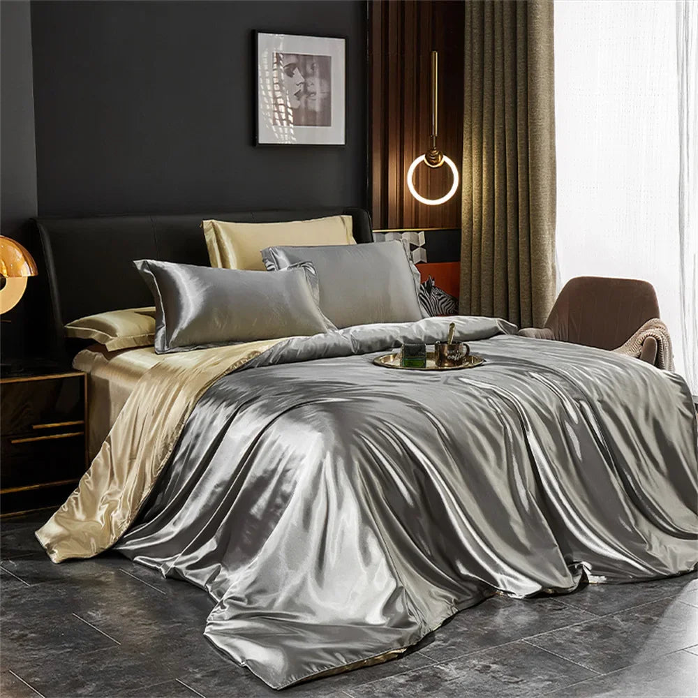 Solid Silk Bedding Set with Duvet Cover Bed Sheet Pillowcases Luxury Satin Single Double Bedsheet King Queen Twin Size.