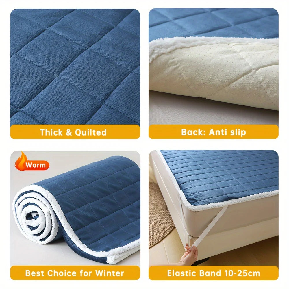 1pc Velvet Quilted Mattress Topper with Elastic Band, Thickened Warm Non-Slip Mattress Cover for Bed Sleeping, Camping, Floor.