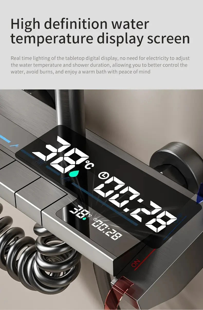 Bathroom Luxury Shower System with Tempered Glass Piano Key Smart Digital Display Thermostat Mixer Shower Faucet Full Set