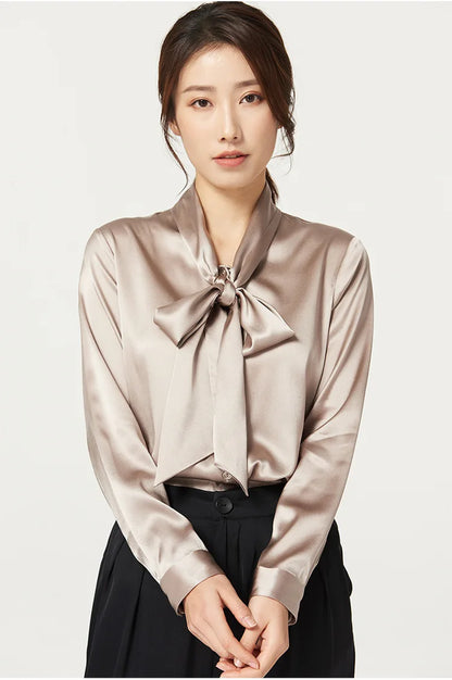Heavyweight Mulberry Silk Shirt Women's 2025 Spring And Autumn New Long Sleeve Satin Silk Blouse V-neck Bow Ribbon Shirt