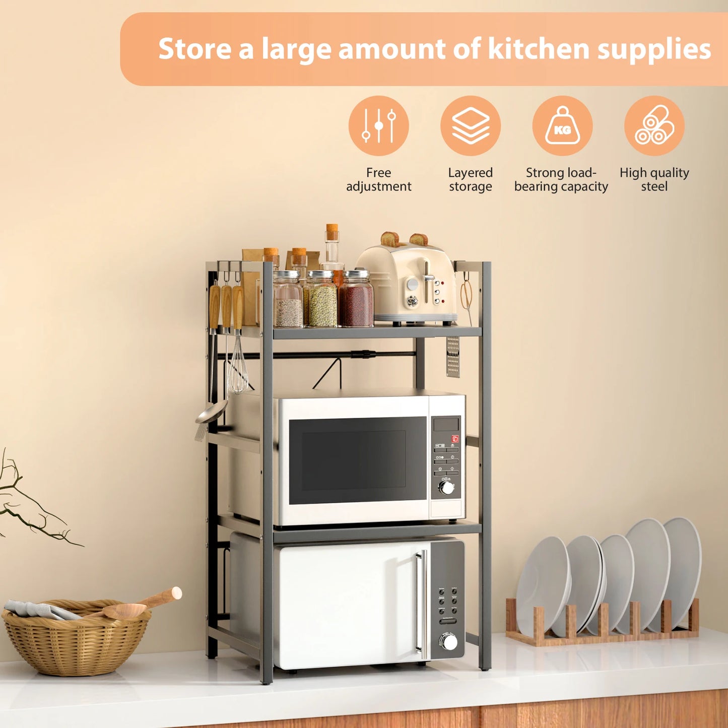 Kitchen Storage Rack Metal Condiment Organizer Shelf Expandable Microwave Shelf Height Adjustable.
