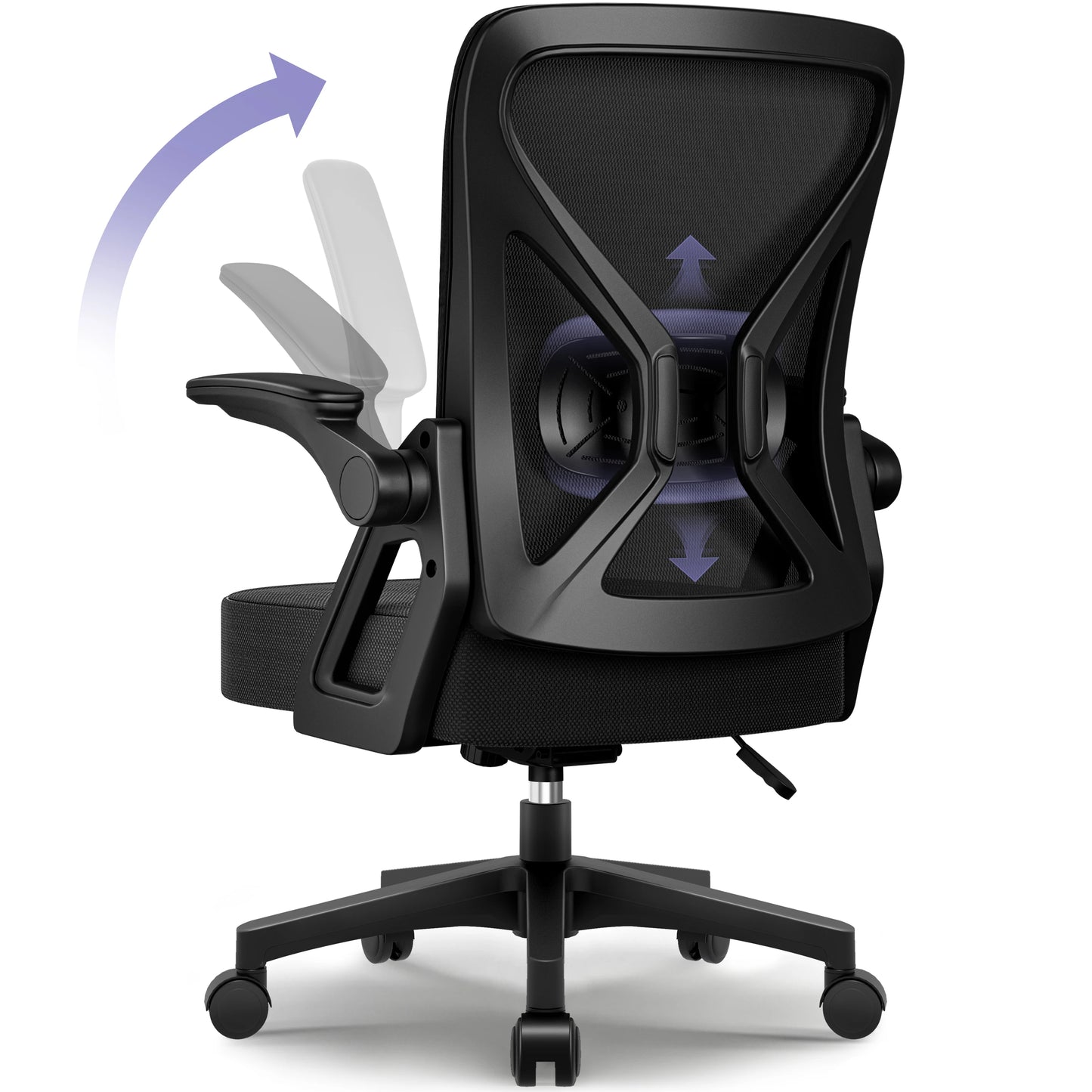 AUTHMIC Ergonomischer Bürostuhl mit Netzrücken, Lordosenstütze, hochklappbare Armlehnen, höhenverstellbar, für die Arbeit im Home-Office-Schreibtisch