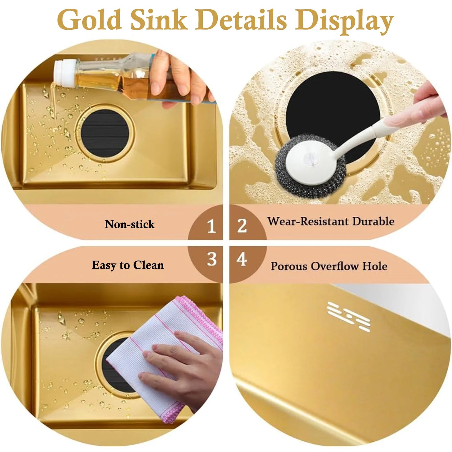 Unterbau-Küchenspüle aus Edelstahl mit abgerundeter Einzelschüssel, goldenes großes Spülbecken mit Abflussmontage