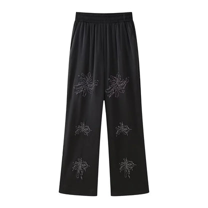 Summer New Product Women's Style Flip Collar with Beaded Embroidered Shirt, High Waist Straight Leg Pants Set