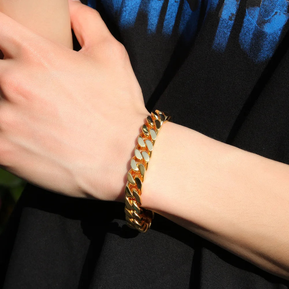 316 Stainless Steel Plated 18k Gold Fashion 8.10.12mm Encrypted Cuban Chain Miami Rap Hip Hop Men's Bracelet Accessory