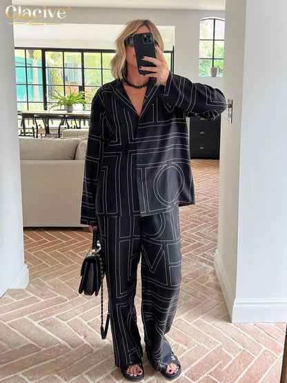 Clacive Fashion Long Sleeve Blouse 2 Piece Sets Women Outfit Elegant Loose Print Pants Set Casual High Waist Wide Trousers Suits.