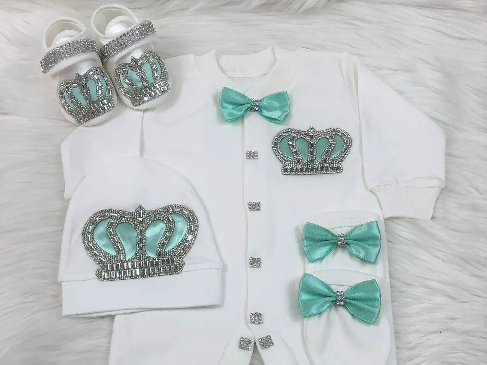 Dollbling Newborn Set Baby's Sets Rhinestone Crown 0-3 Months Hat+Bodysuits+Gloves+Shoes 4 Parts Boy Girl Jumpsuit Clothing